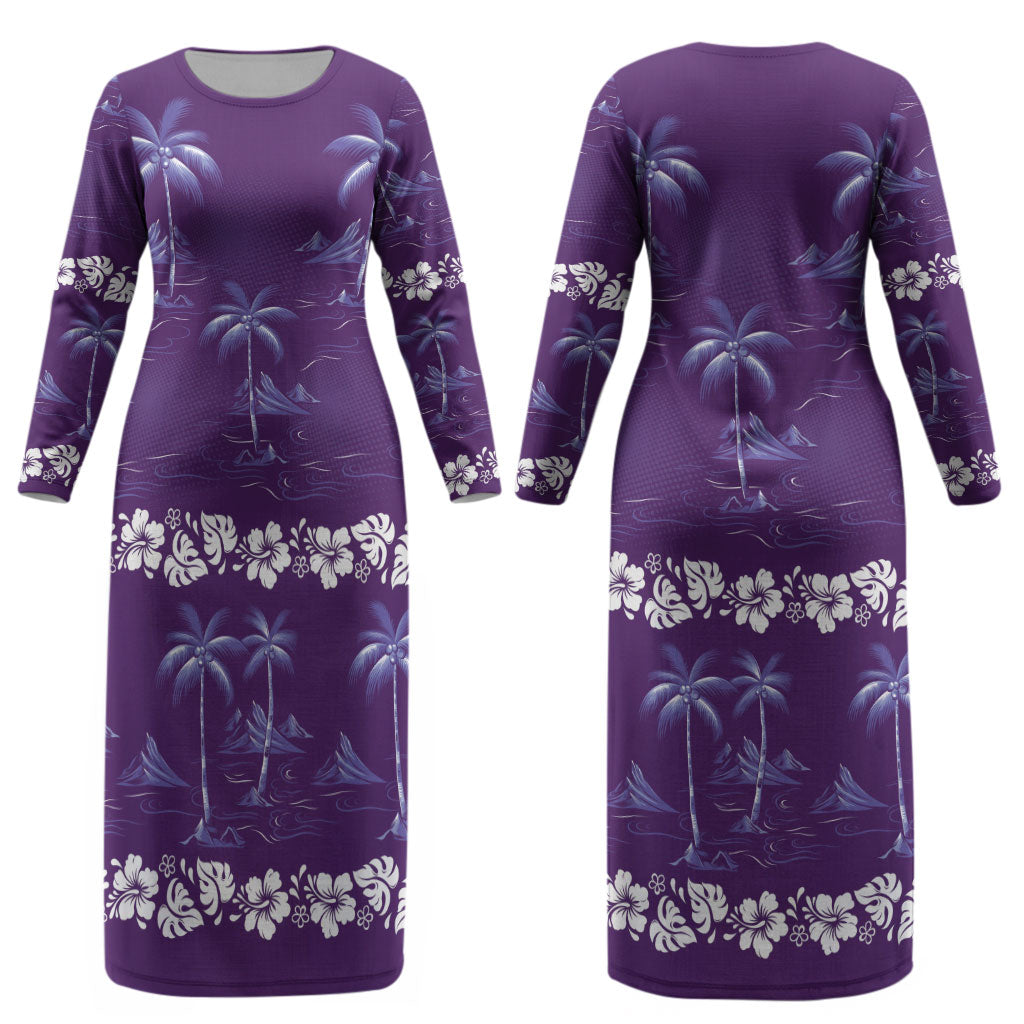 Purple Hawaii Palm Tree Hibiscus Couples Matching Long Sleeve Bodycon Dress and Long Sleeve Button Shirt Fantasy Summer Vibe LT01 - Polynesian Pride