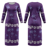 Purple Hawaii Palm Tree Hibiscus Couples Matching Long Sleeve Bodycon Dress and Long Sleeve Button Shirt Fantasy Summer Vibe LT01 - Polynesian Pride