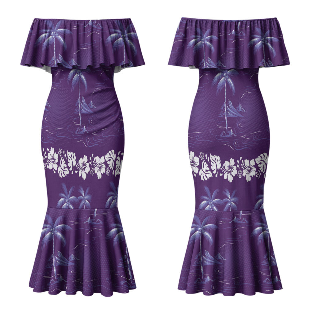 Purple Hawaii Palm Tree Hibiscus Couples Matching Mermaid Dress and Hawaiian Shirt Fantasy Summer Vibe
