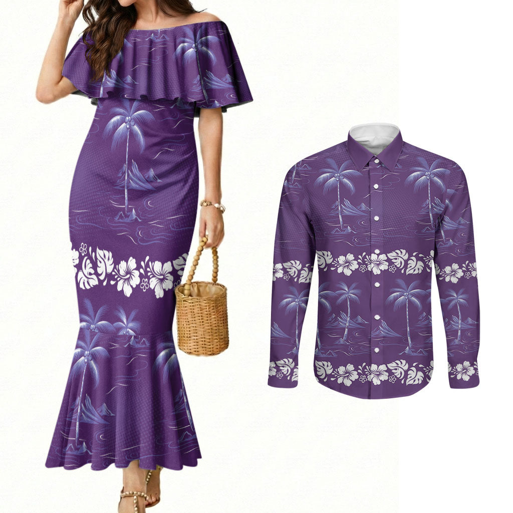 Purple Hawaii Palm Tree Hibiscus Couples Matching Mermaid Dress and Long Sleeve Button Shirt Fantasy Summer Vibe