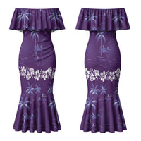 Purple Hawaii Palm Tree Hibiscus Couples Matching Mermaid Dress and Long Sleeve Button Shirt Fantasy Summer Vibe