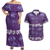 Purple Hawaii Palm Tree Hibiscus Couples Matching Off Shoulder Maxi Dress and Hawaiian Shirt Fantasy Summer Vibe LT01 Purple - Polynesian Pride