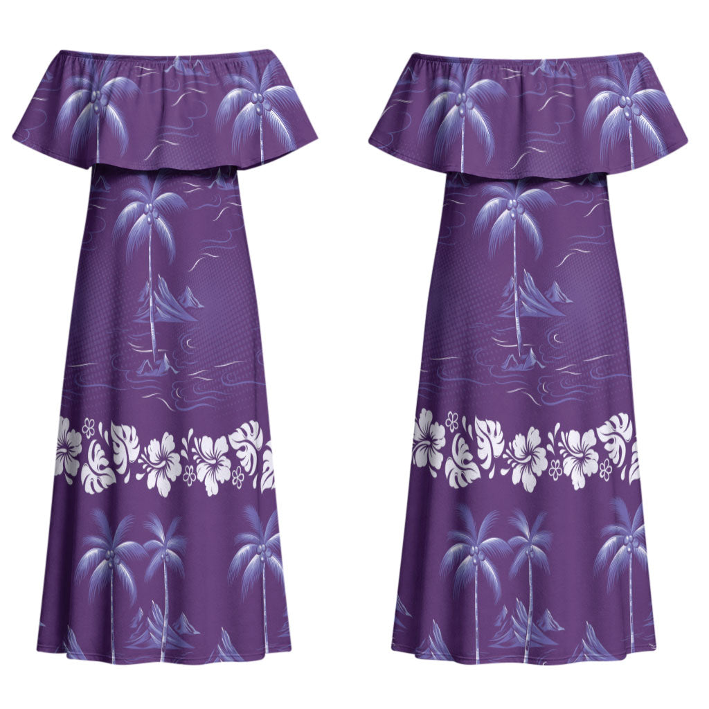 Purple Hawaii Palm Tree Hibiscus Couples Matching Off Shoulder Maxi Dress and Long Sleeve Button Shirt Fantasy Summer Vibe