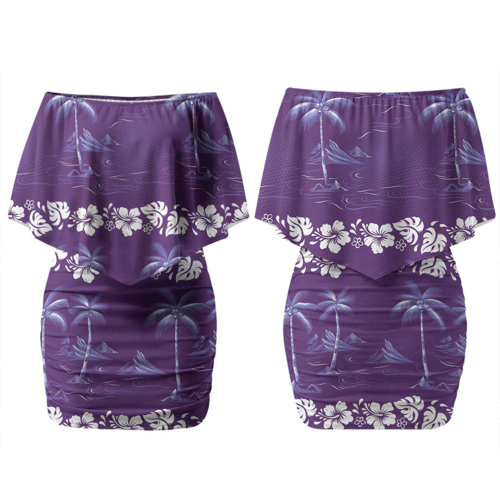 Purple Hawaii Palm Tree Hibiscus Couples Matching Off Shoulder Short Dress and Hawaiian Shirt Fantasy Summer Vibe LT01 - Polynesian Pride