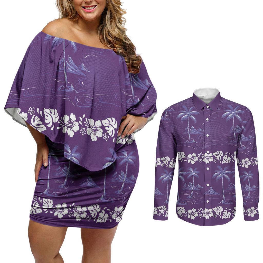 Purple Hawaii Palm Tree Hibiscus Couples Matching Off Shoulder Short Dress and Long Sleeve Button Shirt Fantasy Summer Vibe