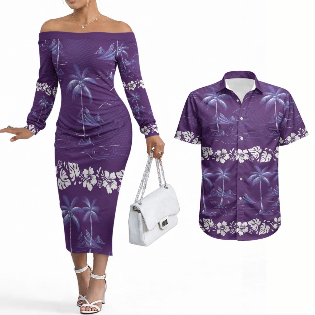 Purple Hawaii Palm Tree Hibiscus Couples Matching Off The Shoulder Long Sleeve Dress and Hawaiian Shirt Fantasy Summer Vibe