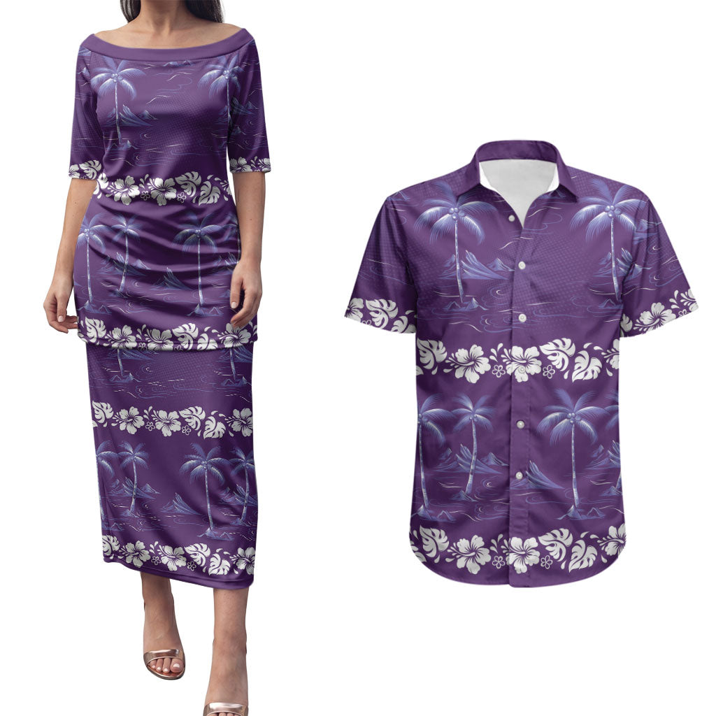 Purple Hawaii Palm Tree Hibiscus Couples Matching Puletasi and Hawaiian Shirt Fantasy Summer Vibe LT01 Purple - Polynesian Pride