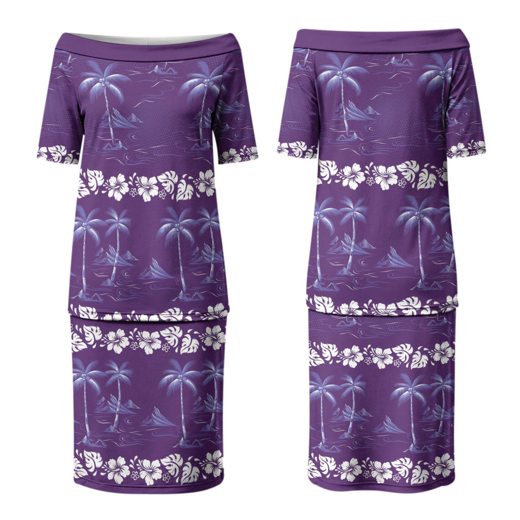 Purple Hawaii Palm Tree Hibiscus Couples Matching Puletasi and Long Sleeve Button Shirt Fantasy Summer Vibe LT01 - Polynesian Pride