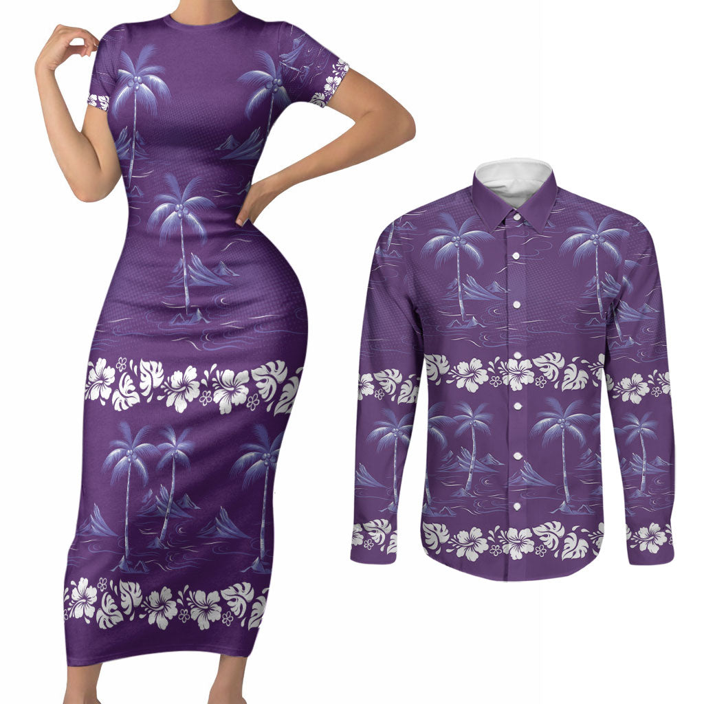 Purple Hawaii Palm Tree Hibiscus Couples Matching Short Sleeve Bodycon Dress and Long Sleeve Button Shirt Fantasy Summer Vibe LT01 Purple - Polynesian Pride