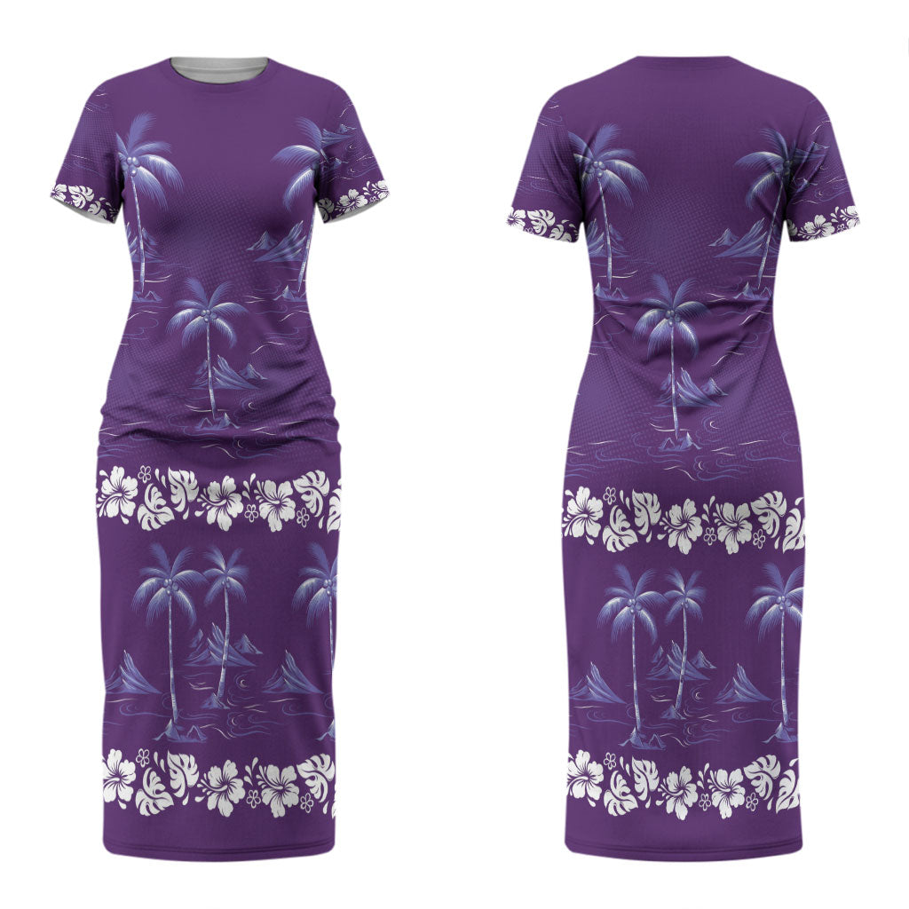 Purple Hawaii Palm Tree Hibiscus Couples Matching Short Sleeve Bodycon Dress and Long Sleeve Button Shirt Fantasy Summer Vibe LT01 - Polynesian Pride