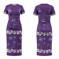 Purple Hawaii Palm Tree Hibiscus Couples Matching Short Sleeve Bodycon Dress and Long Sleeve Button Shirt Fantasy Summer Vibe LT01 - Polynesian Pride