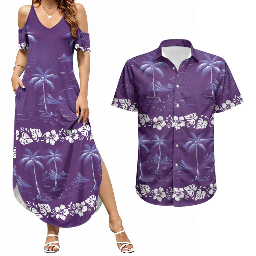 Purple Hawaii Palm Tree Hibiscus Couples Matching Summer Maxi Dress and Hawaiian Shirt Fantasy Summer Vibe LT01 Purple - Polynesian Pride