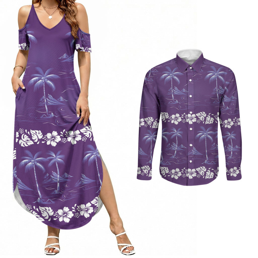 Purple Hawaii Palm Tree Hibiscus Couples Matching Summer Maxi Dress and Long Sleeve Button Shirt Fantasy Summer Vibe