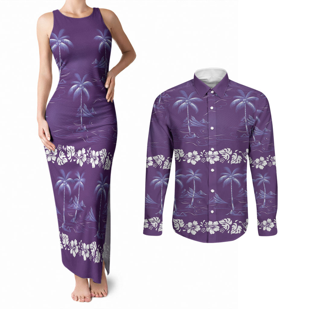 Purple Hawaii Palm Tree Hibiscus Couples Matching Tank Maxi Dress and Long Sleeve Button Shirt Fantasy Summer Vibe