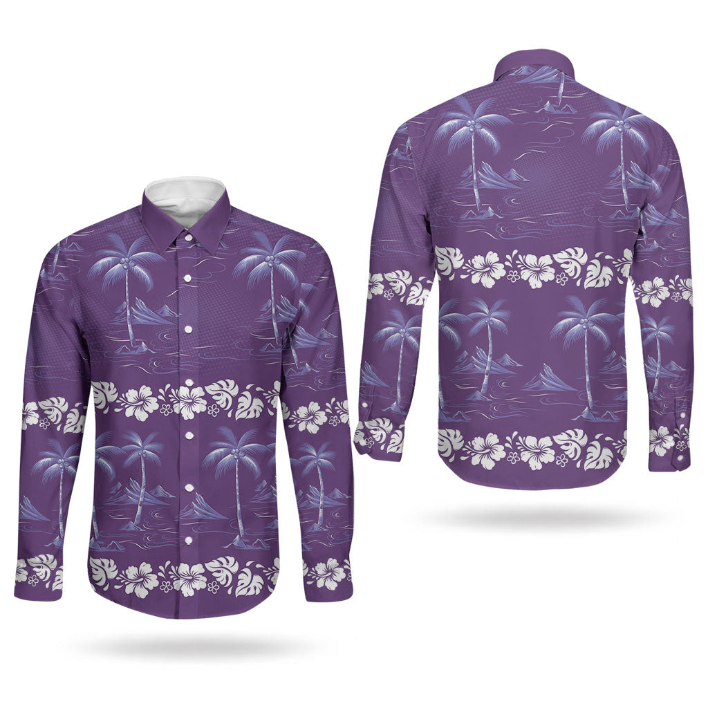 Purple Hawaii Palm Tree Hibiscus Couples Matching Tank Maxi Dress and Long Sleeve Button Shirt Fantasy Summer Vibe