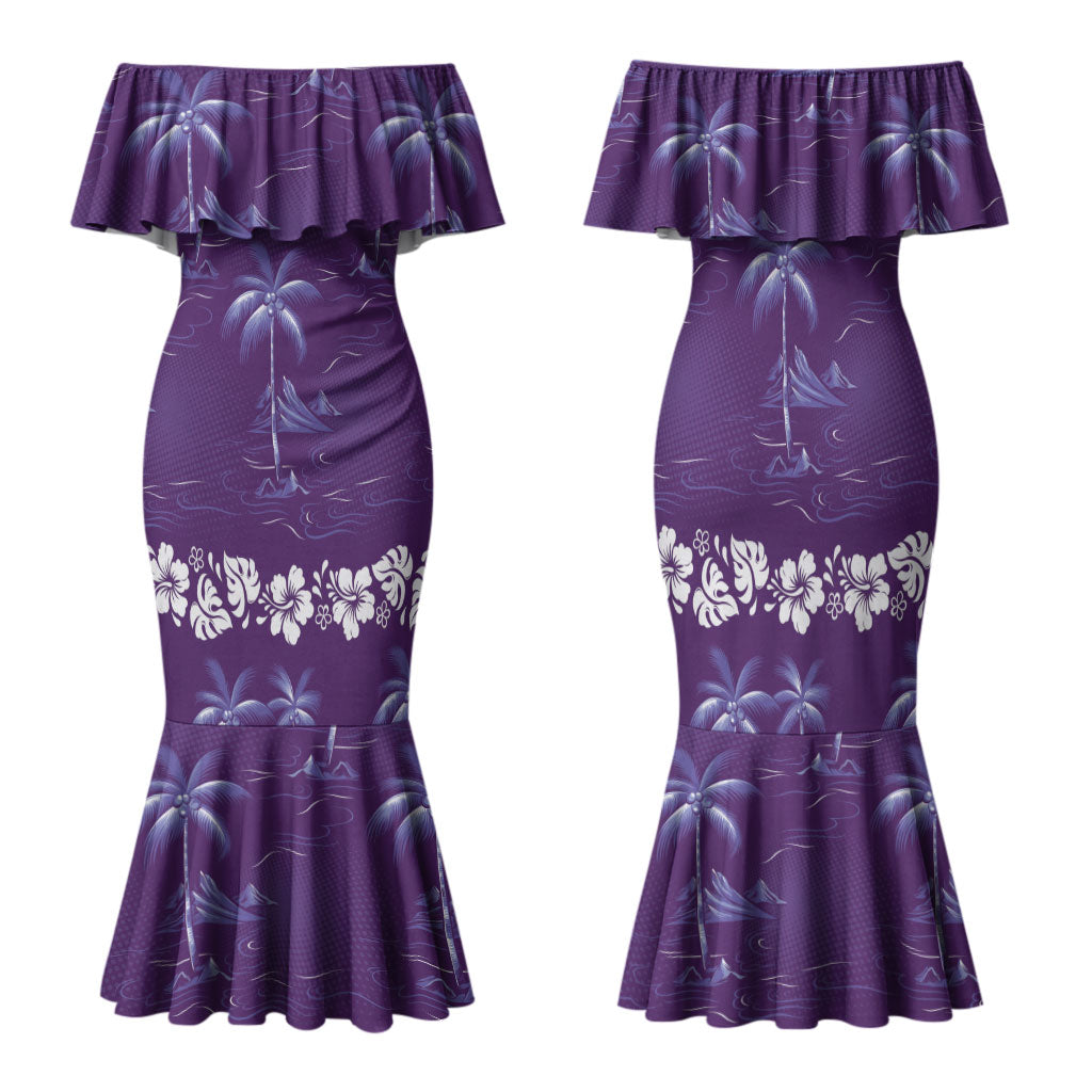 Purple Hawaii Palm Tree Hibiscus Family Matching Mermaid Dress and Hawaiian Shirt Fantasy Summer Vibe LT01 Mom's Dress Purple - Polynesian Pride