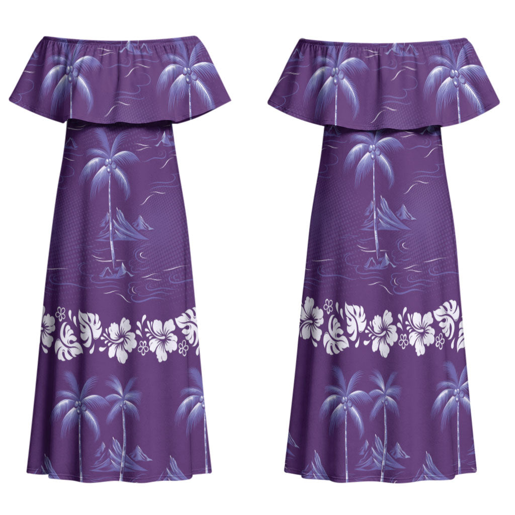 Purple Hawaii Palm Tree Hibiscus Family Matching Off Shoulder Maxi Dress and Hawaiian Shirt Fantasy Summer Vibe LT01 Mom's Dress Purple - Polynesian Pride