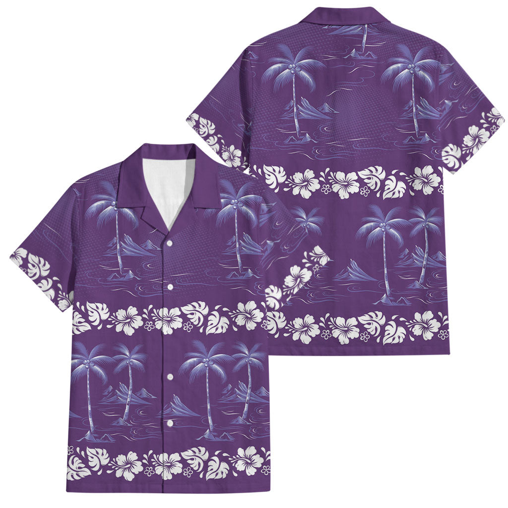 Purple Hawaii Palm Tree Hibiscus Family Matching Off Shoulder Short Dress and Hawaiian Shirt Fantasy Summer Vibe LT01 Dad's Shirt - Short Sleeve Purple - Polynesian Pride