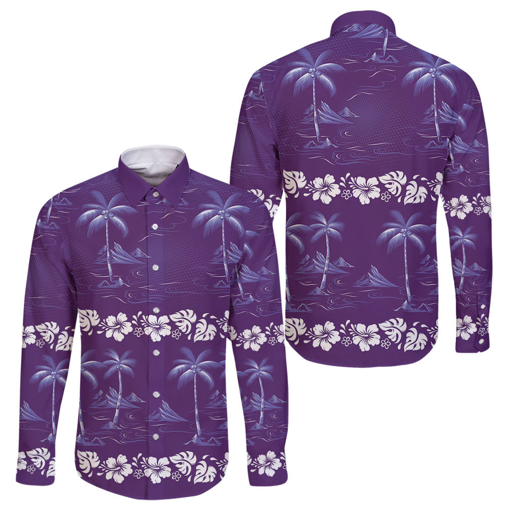 Purple Hawaii Palm Tree Hibiscus Family Matching Off Shoulder Short Dress and Hawaiian Shirt Fantasy Summer Vibe LT01 Dad's Shirt - Long Sleeve Purple - Polynesian Pride