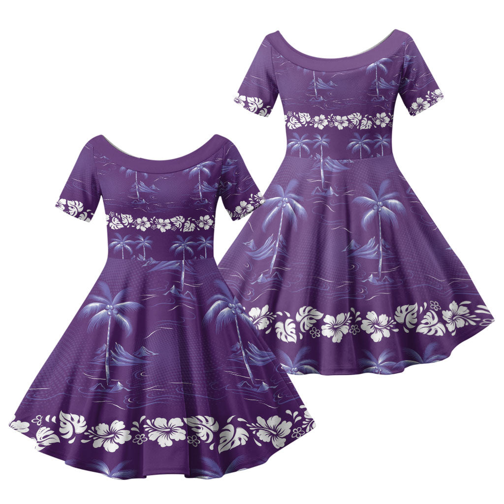 Purple Hawaii Palm Tree Hibiscus Family Matching Off Shoulder Short Dress and Hawaiian Shirt Fantasy Summer Vibe LT01 Daughter's Dress Purple - Polynesian Pride