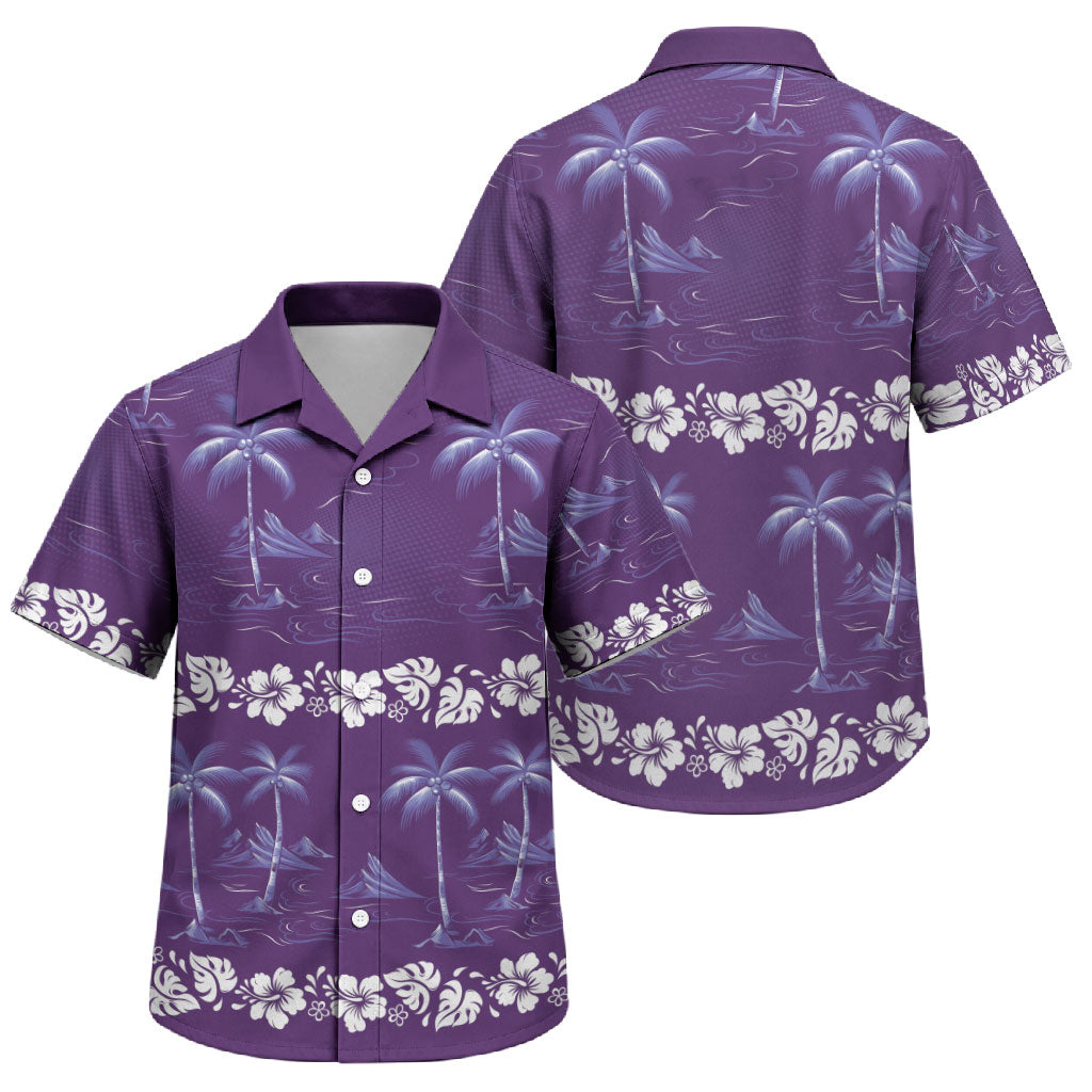 Purple Hawaii Palm Tree Hibiscus Family Matching Off Shoulder Short Dress and Hawaiian Shirt Fantasy Summer Vibe LT01 Son's Shirt Purple - Polynesian Pride