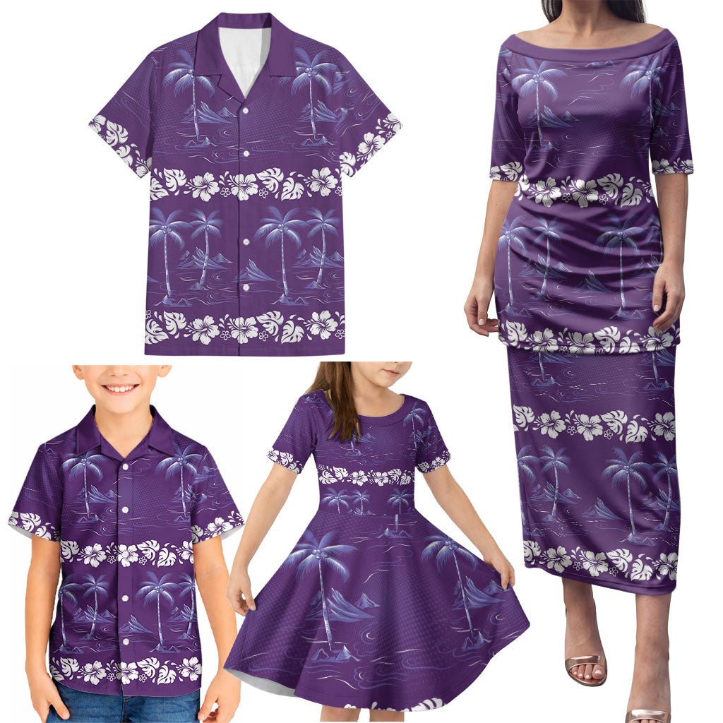 Purple Hawaii Palm Tree Hibiscus Family Matching Puletasi and Hawaiian Shirt Fantasy Summer Vibe