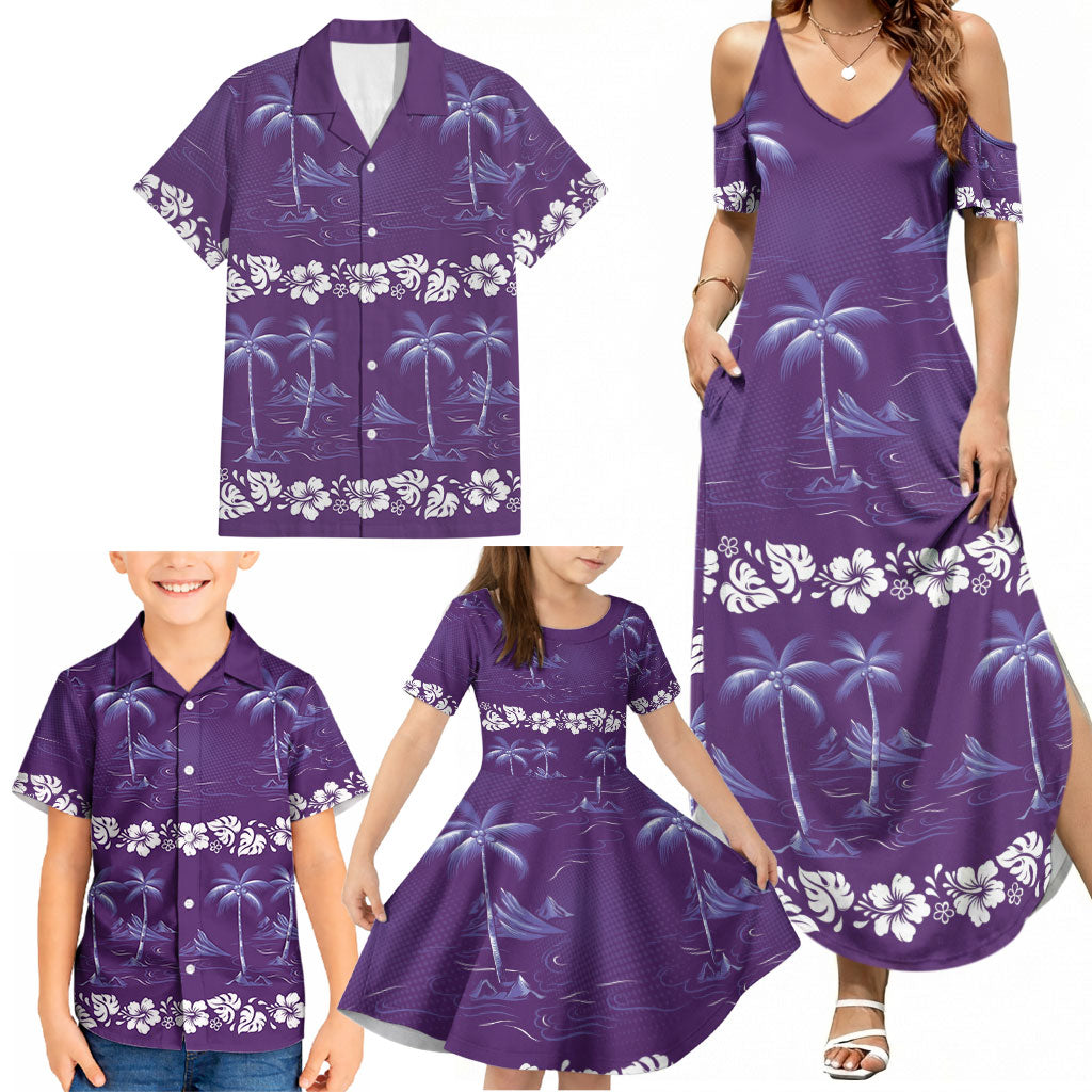 Purple Hawaii Palm Tree Hibiscus Family Matching Summer Maxi Dress and Hawaiian Shirt Fantasy Summer Vibe LT01 - Polynesian Pride