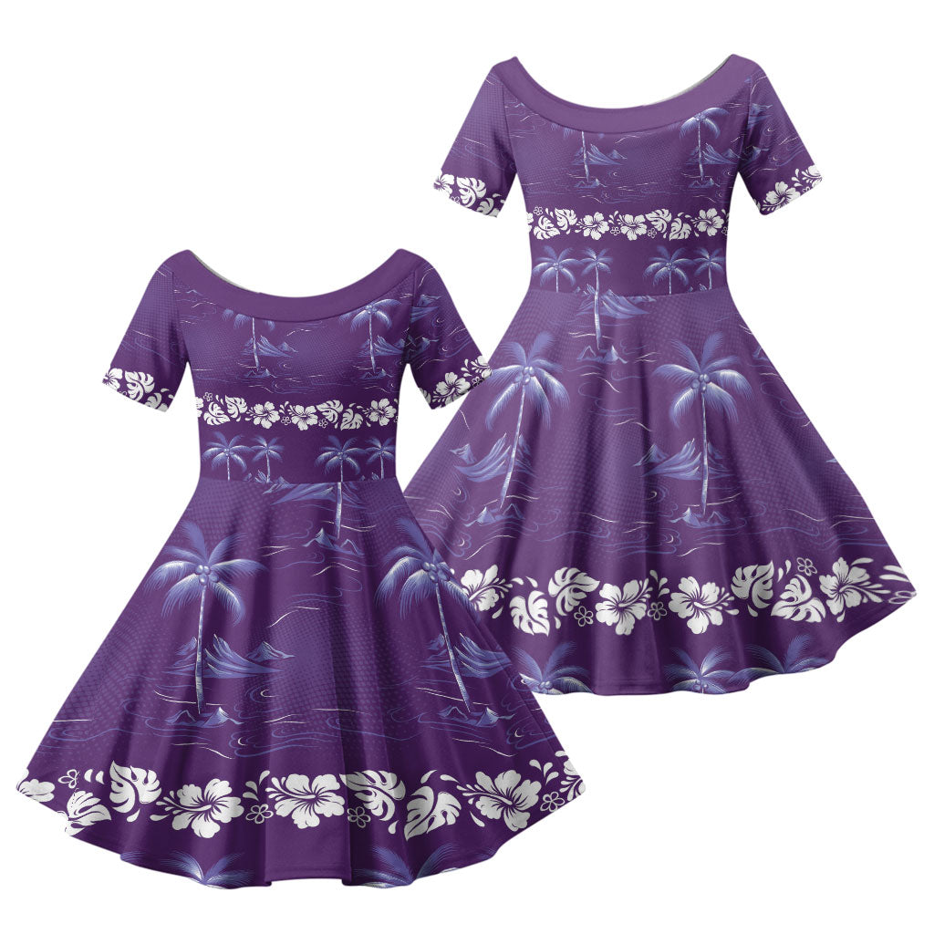 Purple Hawaii Palm Tree Hibiscus Family Matching Summer Maxi Dress and Hawaiian Shirt Fantasy Summer Vibe LT01 Daughter's Dress Purple - Polynesian Pride