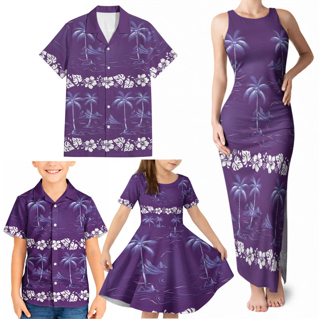 Purple Hawaii Palm Tree Hibiscus Family Matching Tank Maxi Dress and Hawaiian Shirt Fantasy Summer Vibe