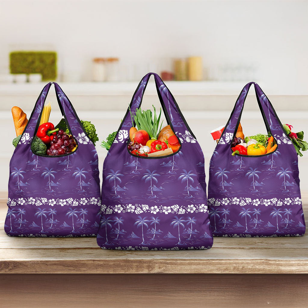Purple Hawaii Palm Tree Hibiscus Grocery Bag Fantasy Summer Vibe LT01 3-pack One Size Purple - Polynesian Pride