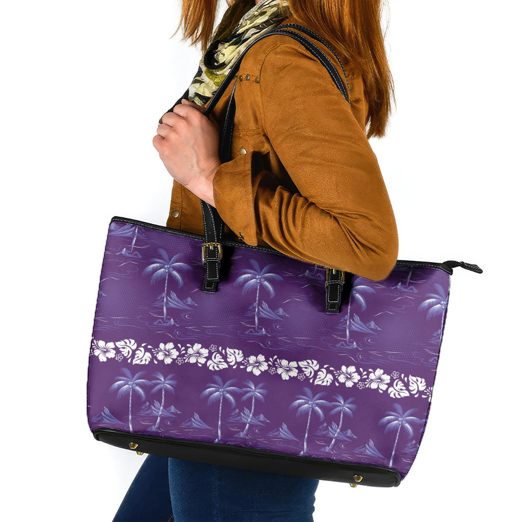 Purple Hawaii Palm Tree Hibiscus Leather Tote Bag Fantasy Summer Vibe LT01 Purple - Polynesian Pride