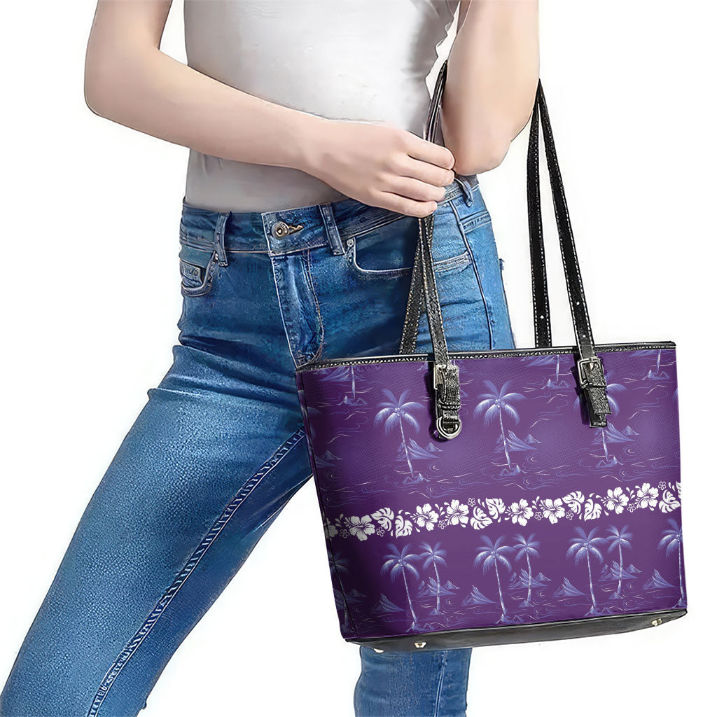 Purple Hawaii Palm Tree Hibiscus Leather Tote Bag Fantasy Summer Vibe LT01 - Polynesian Pride