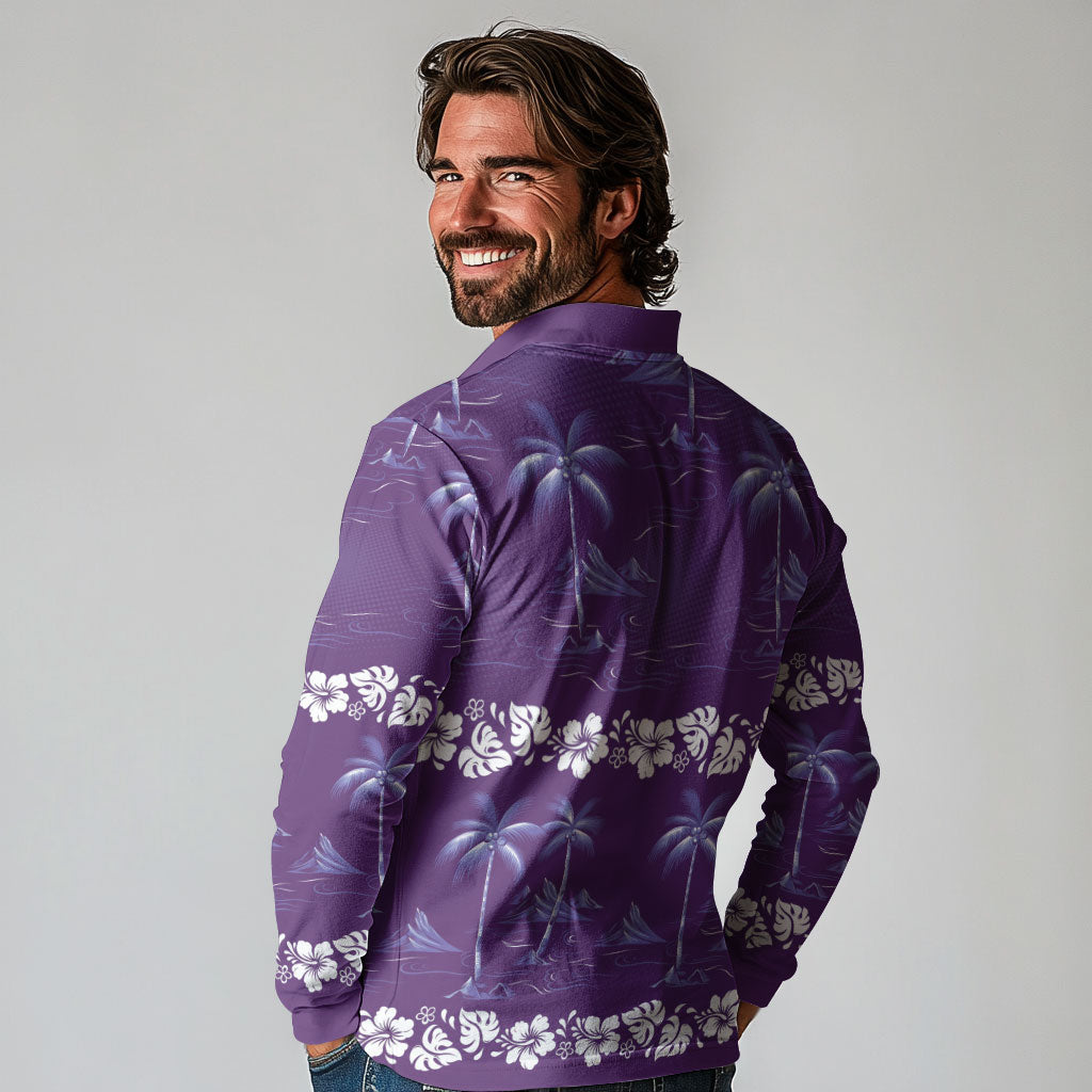 Purple Hawaii Palm Tree Hibiscus Long Sleeve Polo Shirt Fantasy Summer Vibe LT01 - Polynesian Pride
