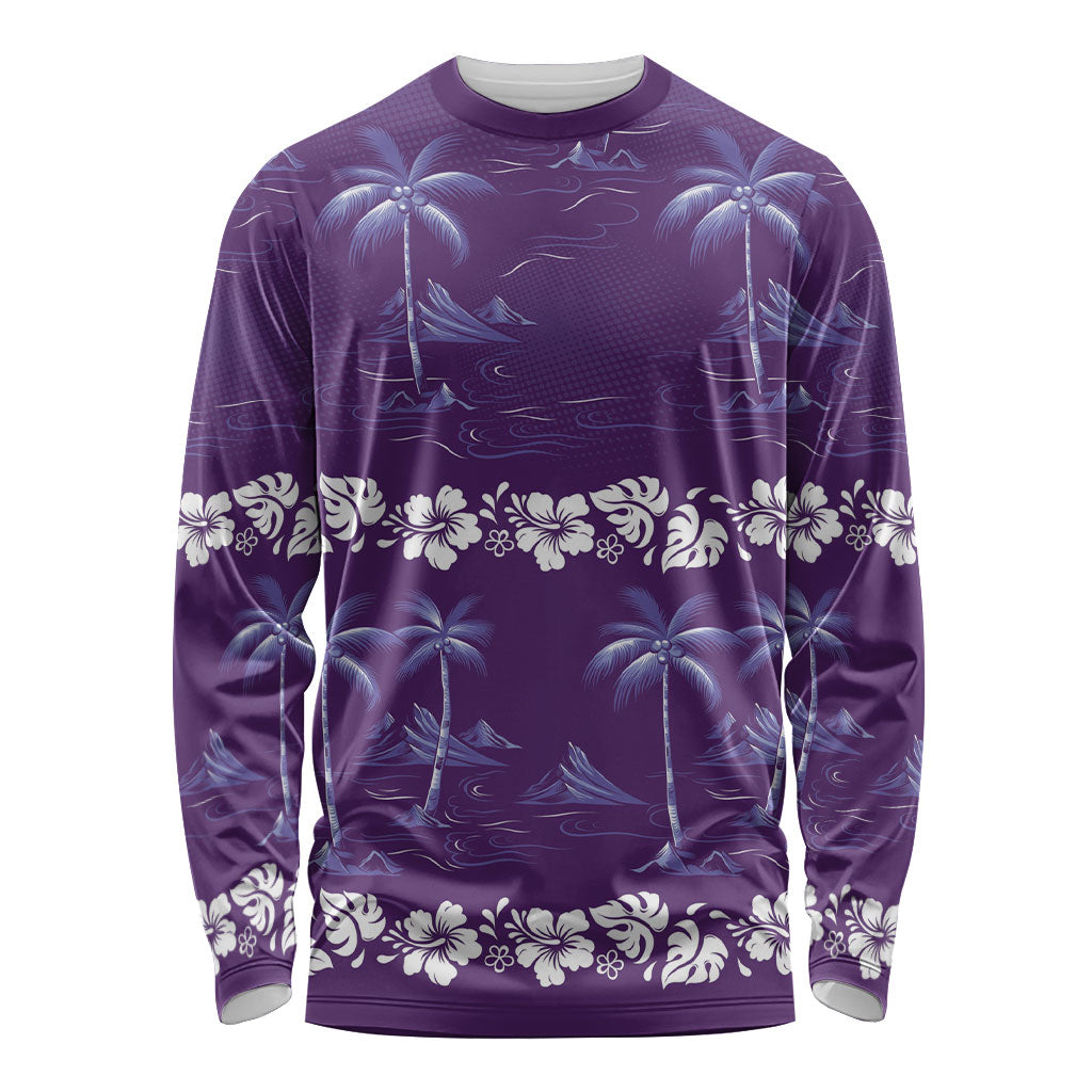 Purple Hawaii Palm Tree Hibiscus Long Sleeve Shirt Fantasy Summer Vibe LT01 Unisex Purple - Polynesian Pride