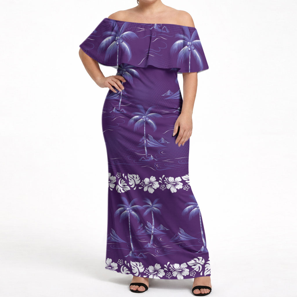 Purple Hawaii Palm Tree Hibiscus Off Shoulder Maxi Dress Fantasy Summer Vibe