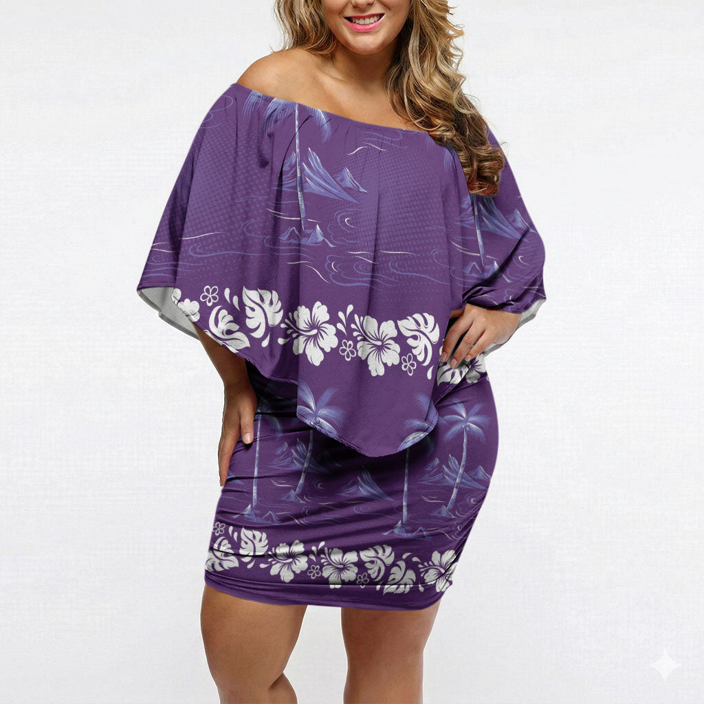 Purple Hawaii Palm Tree Hibiscus Off Shoulder Short Dress Fantasy Summer Vibe
