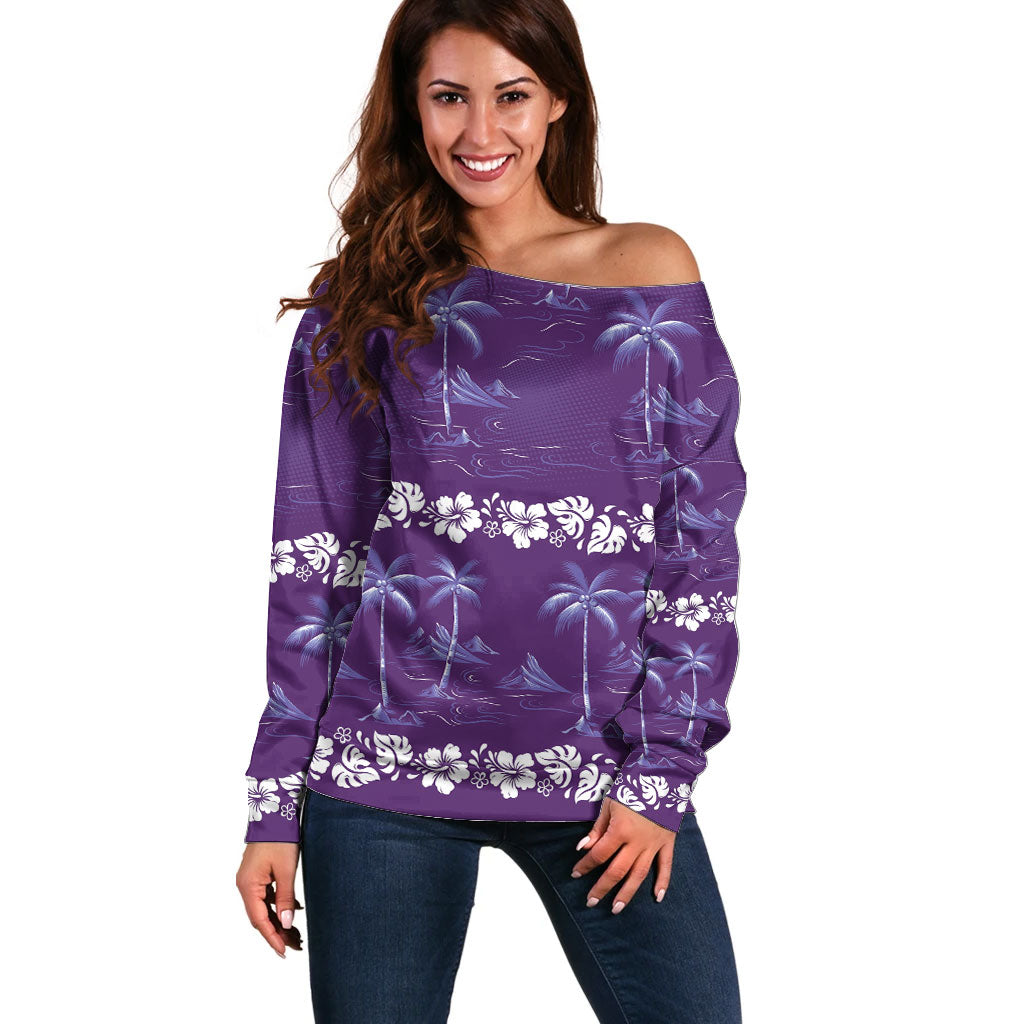 Purple Hawaii Palm Tree Hibiscus Off Shoulder Sweater Fantasy Summer Vibe LT01 Women Purple - Polynesian Pride