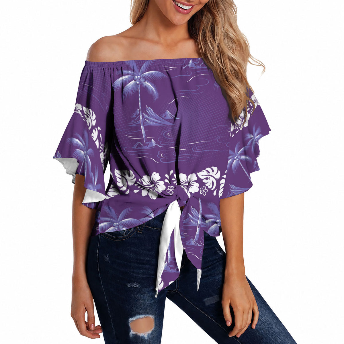 Purple Hawaii Palm Tree Hibiscus Off Shoulder Wrap Waist Top Fantasy Summer Vibe