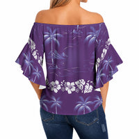 Purple Hawaii Palm Tree Hibiscus Off Shoulder Wrap Waist Top Fantasy Summer Vibe