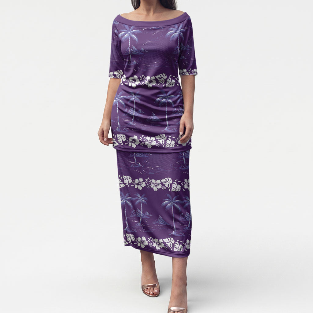 Purple Hawaii Palm Tree Hibiscus Puletasi Fantasy Summer Vibe LT01 Long Dress Purple - Polynesian Pride