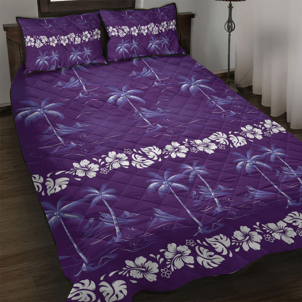 Purple Hawaii Palm Tree Hibiscus Quilt Bed Set Fantasy Summer Vibe