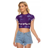 Purple Hawaii Palm Tree Hibiscus Raglan Cropped T Shirt Fantasy Summer Vibe LT01 Female Purple - Polynesian Pride