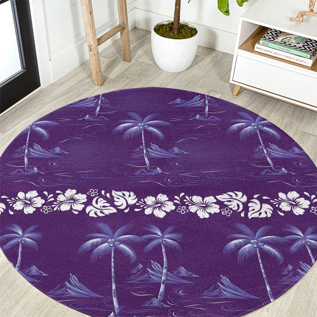 Purple Hawaii Palm Tree Hibiscus Round Carpet Fantasy Summer Vibe