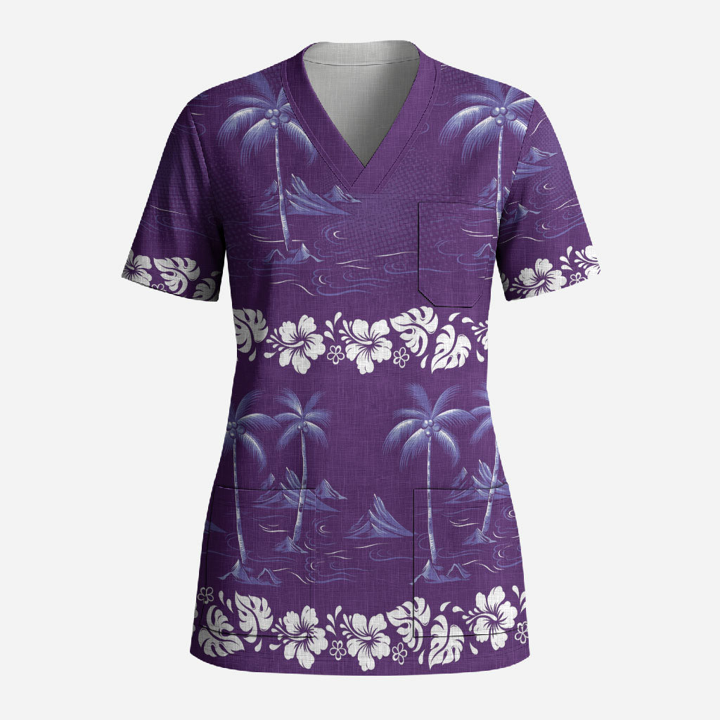 Purple Hawaii Palm Tree Hibiscus Scrub Top Fantasy Summer Vibe LT01 Adult Purple - Polynesian Pride
