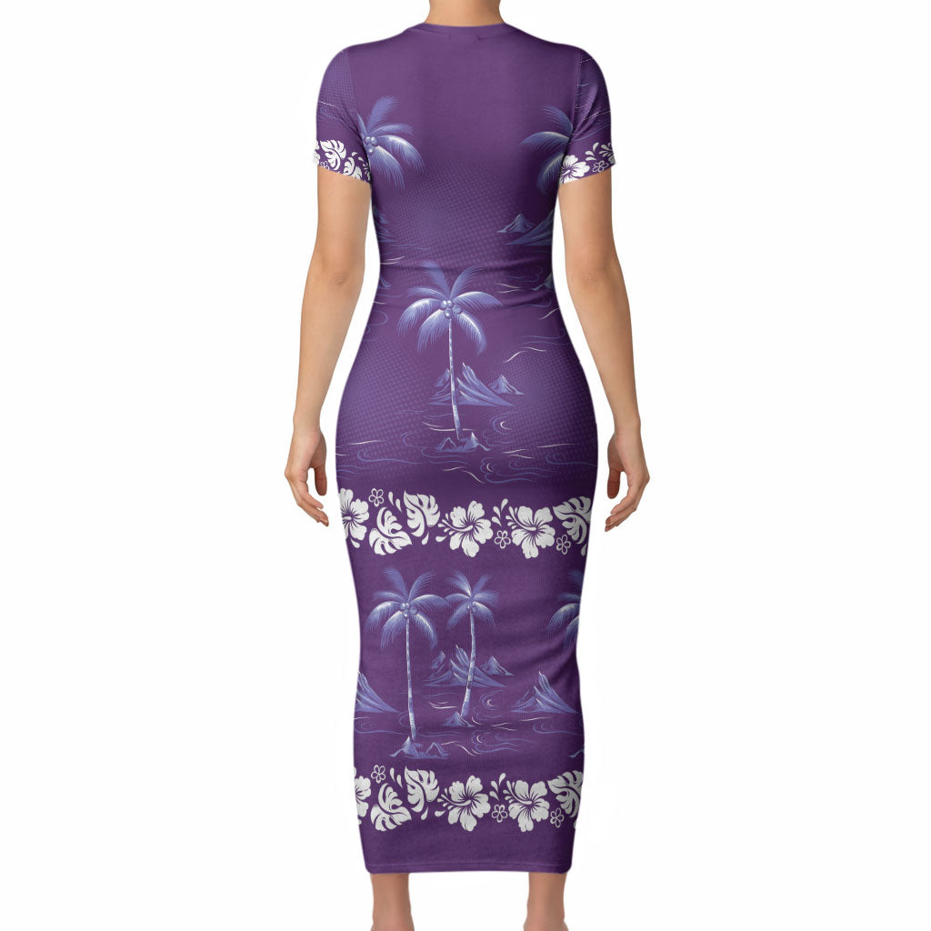 Purple Hawaii Palm Tree Hibiscus Short Sleeve Bodycon Dress Fantasy Summer Vibe LT01 - Polynesian Pride