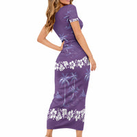Purple Hawaii Palm Tree Hibiscus Short Sleeve Bodycon Dress Fantasy Summer Vibe LT01 - Polynesian Pride