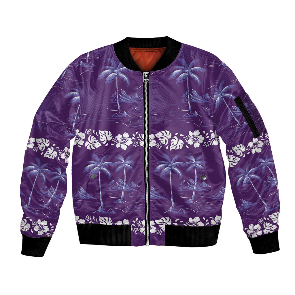 Purple Hawaii Palm Tree Hibiscus Sleeve Zip Bomber Jacket Fantasy Summer Vibe
