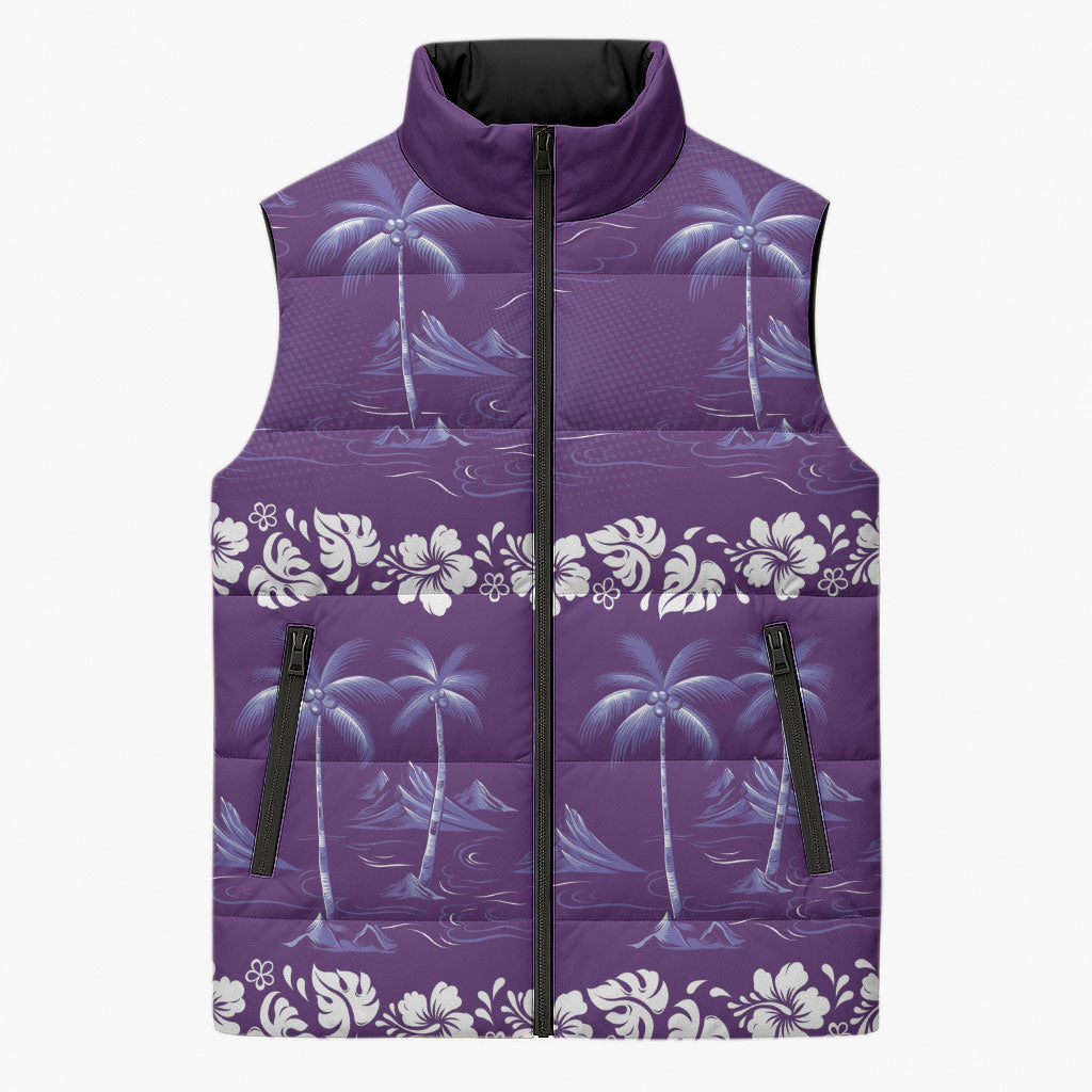 Purple Hawaii Palm Tree Hibiscus Sleeveless Puffer Jacket Fantasy Summer Vibe LT01 Unisex Purple - Polynesian Pride
