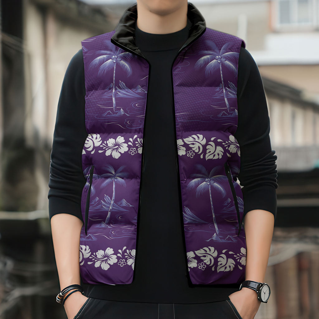 Purple Hawaii Palm Tree Hibiscus Sleeveless Puffer Jacket Fantasy Summer Vibe LT01 - Polynesian Pride