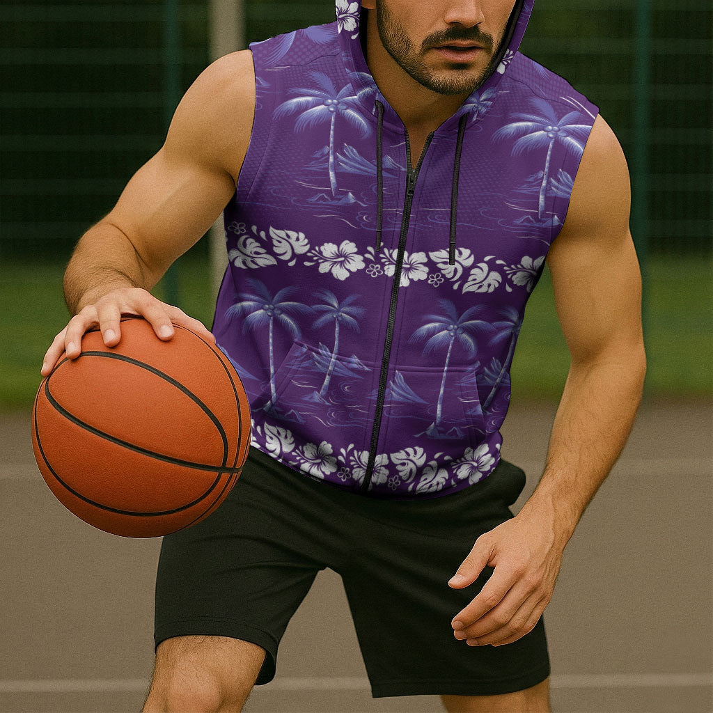 Purple Hawaii Palm Tree Hibiscus Sleeveless Zip Hoodie Fantasy Summer Vibe LT01 - Polynesian Pride